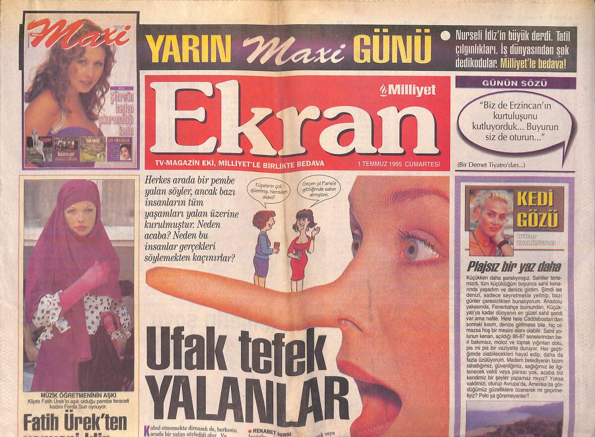 Milliyet Gazetesi Ekran Eki 1 Temmuz 1996 - Fatih Ürek'ten Yepyeni Klip - Berna Atağa Kalktı GZ156155 - 1