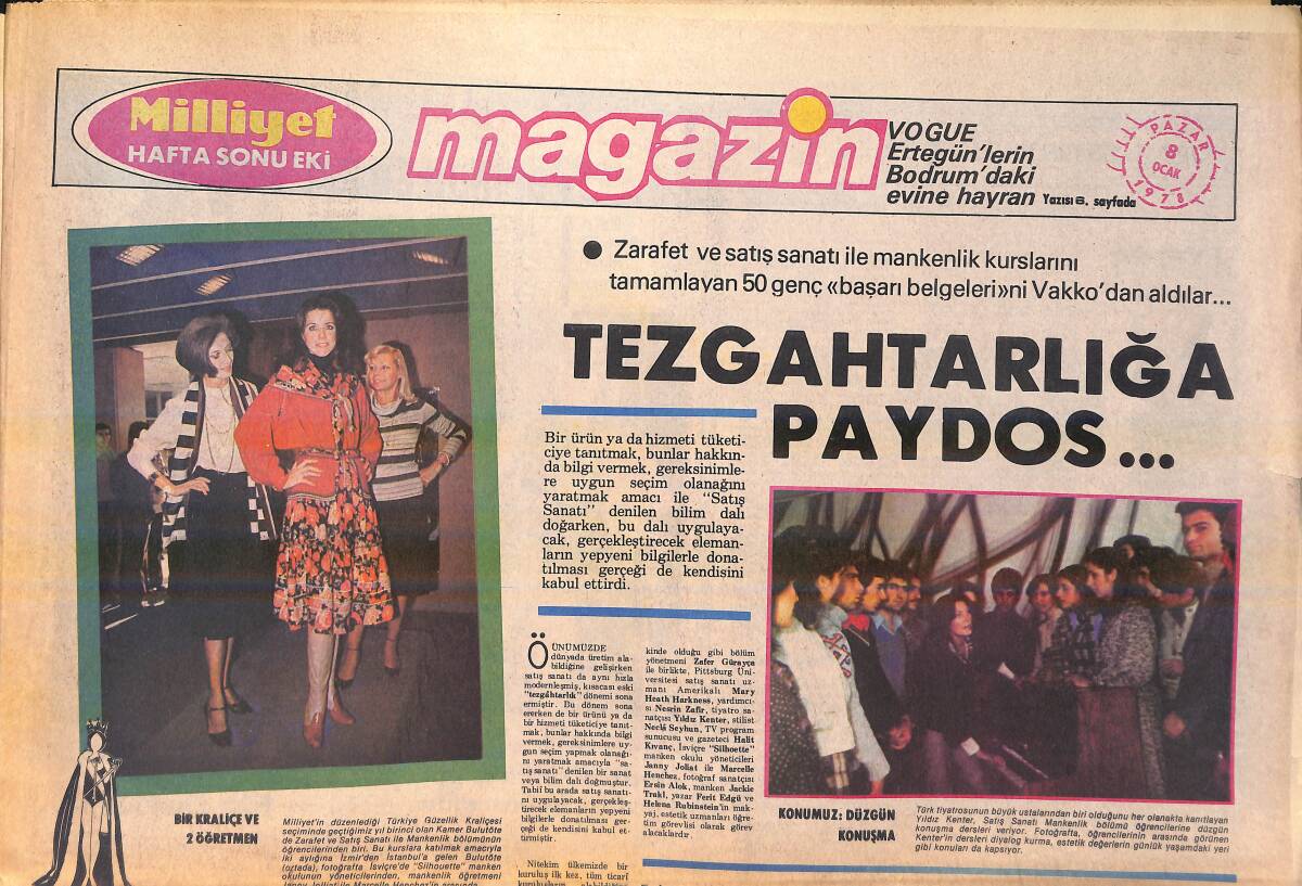 Milliyet Gazetesi Magazin Eki 8 Ocak 1978 - Safiye Ayla Yılın 10 Şarkısı Anketi Her Yönü İle Olumlu Bir Girişim - Vogue Ertegün'lerin Evine Hayran GZ156286 - 1