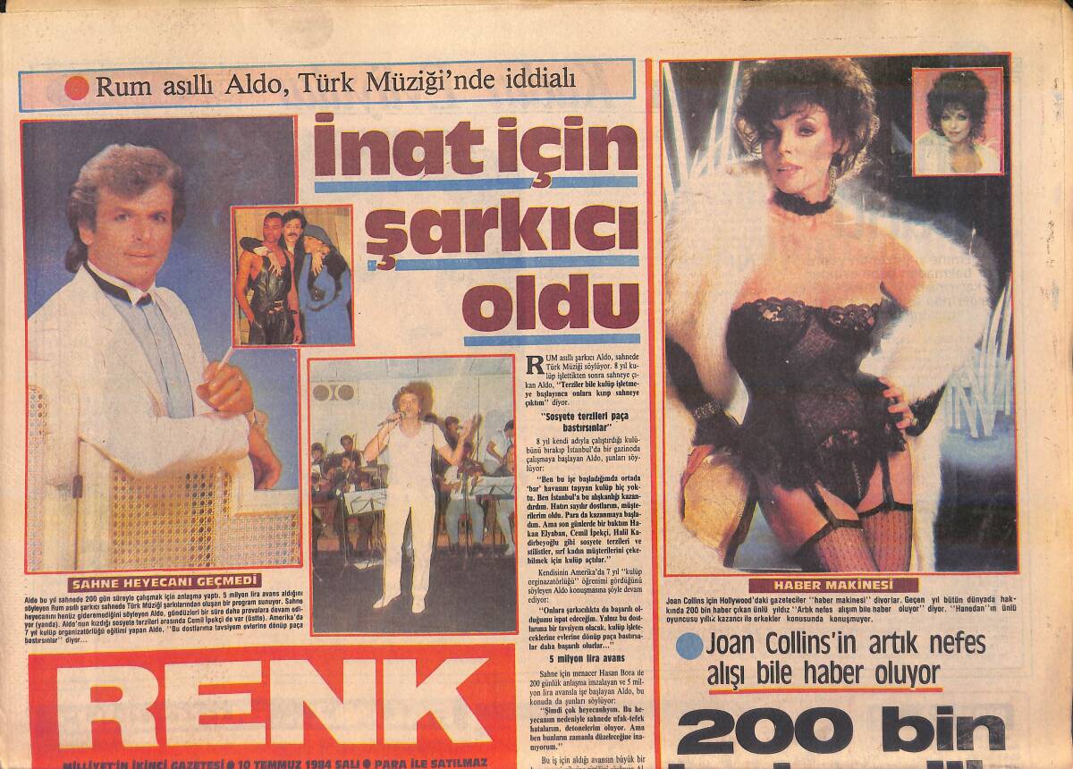 Milliyet Gazetesi Renk Eki 10 Temmuz 1984 - Joan Collins'in Artık Nefes Alışı Bile Haber Oluyor - Hülya Işıl, Almanya'da Oryantal Dans Dersleri Verece GZ156373 - 1