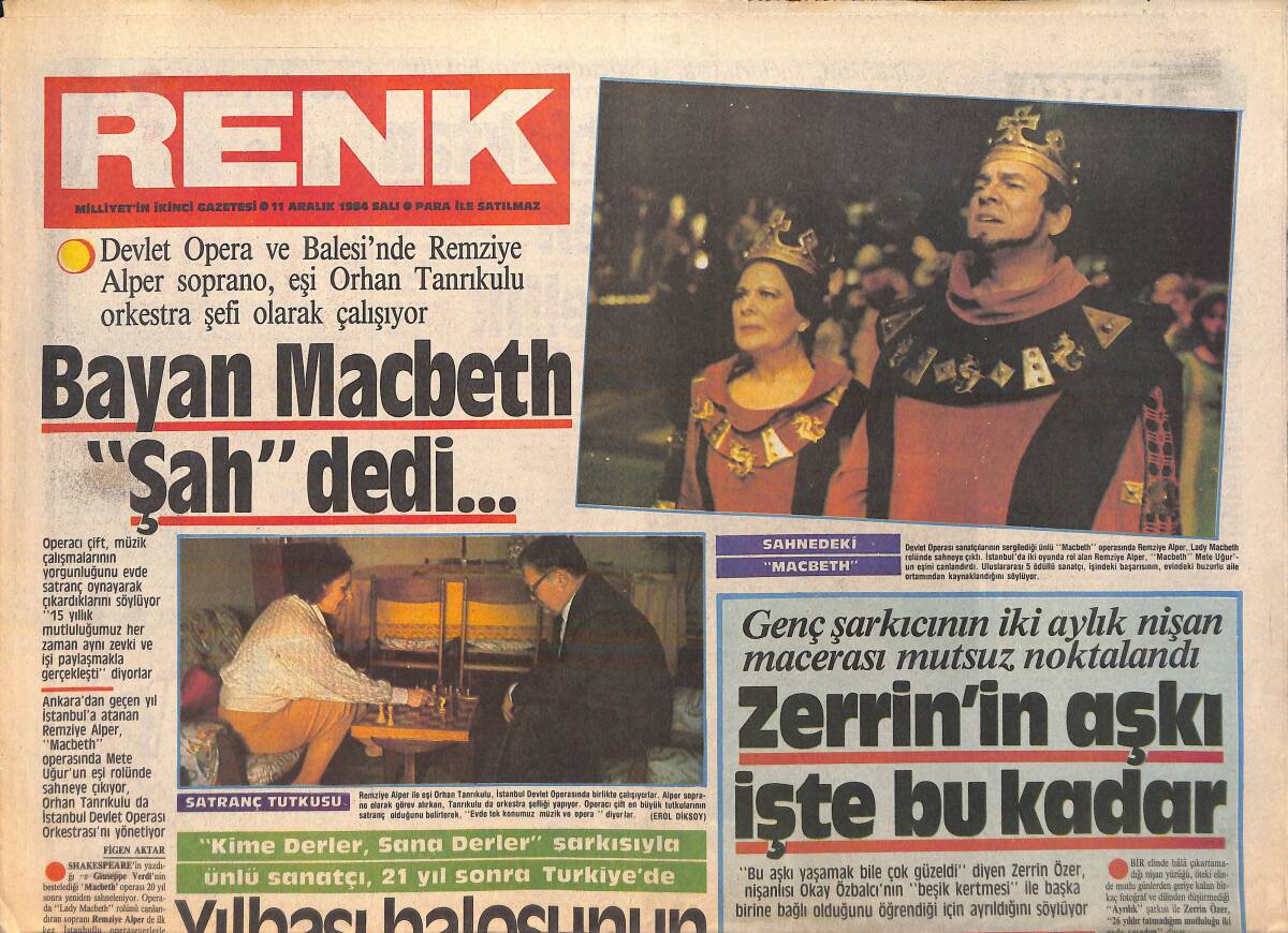 Milliyet Gazetesi Renk Eki 11 Aralık 1984 - Bayan Macbeth Şah Dedi - Zerrin Özer'in Aşkı İşte Bu Kadar GZ156089 - 1