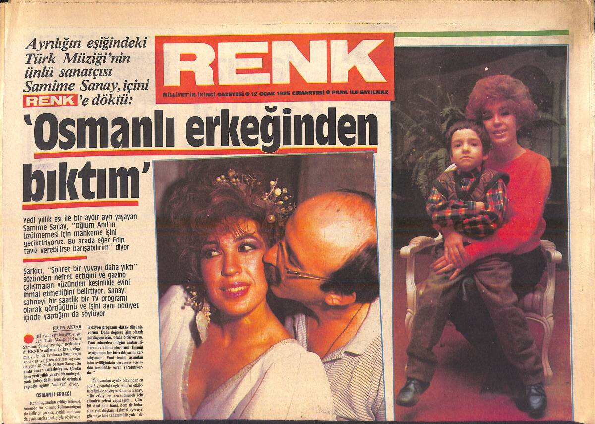 Milliyet Gazetesi Renk Eki 12 Ocak 1985 - Samime Sanay Osmanlı Erkeğinden Bıktım - Büyükburç Fal Baktırdı GZ156336 - 1