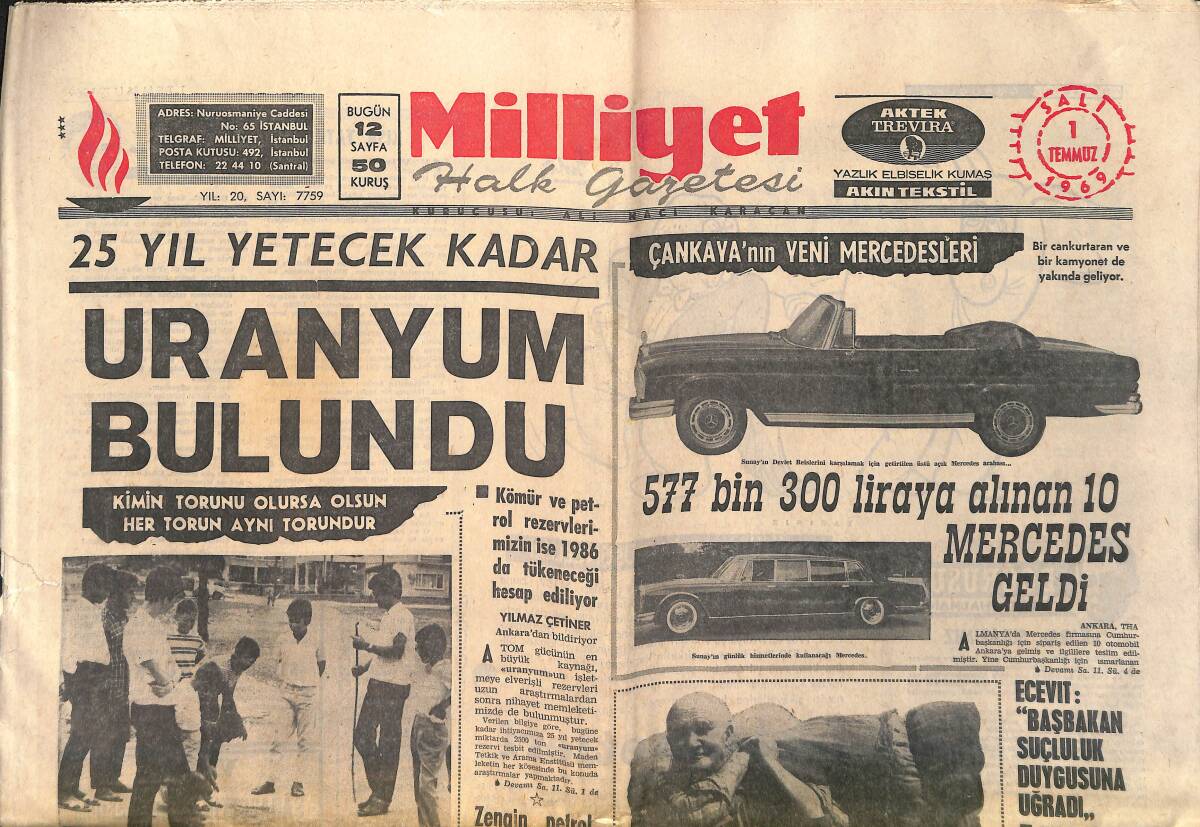 Milliyet Halk Gazetesi 1 Temmuz 1969 - Ajda, Tom Jones'un Menajeri İle Tanıştı - Demirel, İstanbul'da 3700 Tapu Dağıtacak GZ153792 - 1