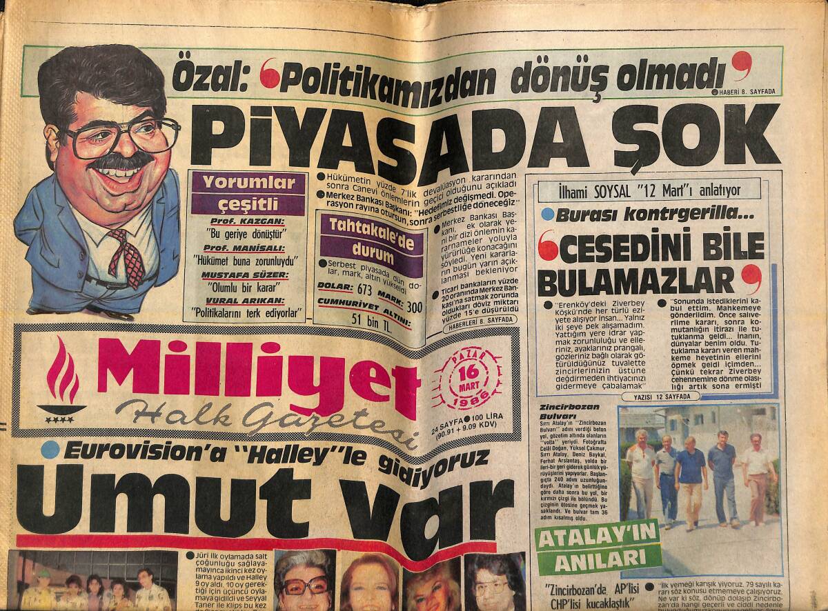 Milliyet Halk Gazetesi 16 Mart 1986 - Tanrıyar Galatasaray'da Yeni Başkan - Eurovision'a Halley'le Gidiyoruz GZ155800 - 1