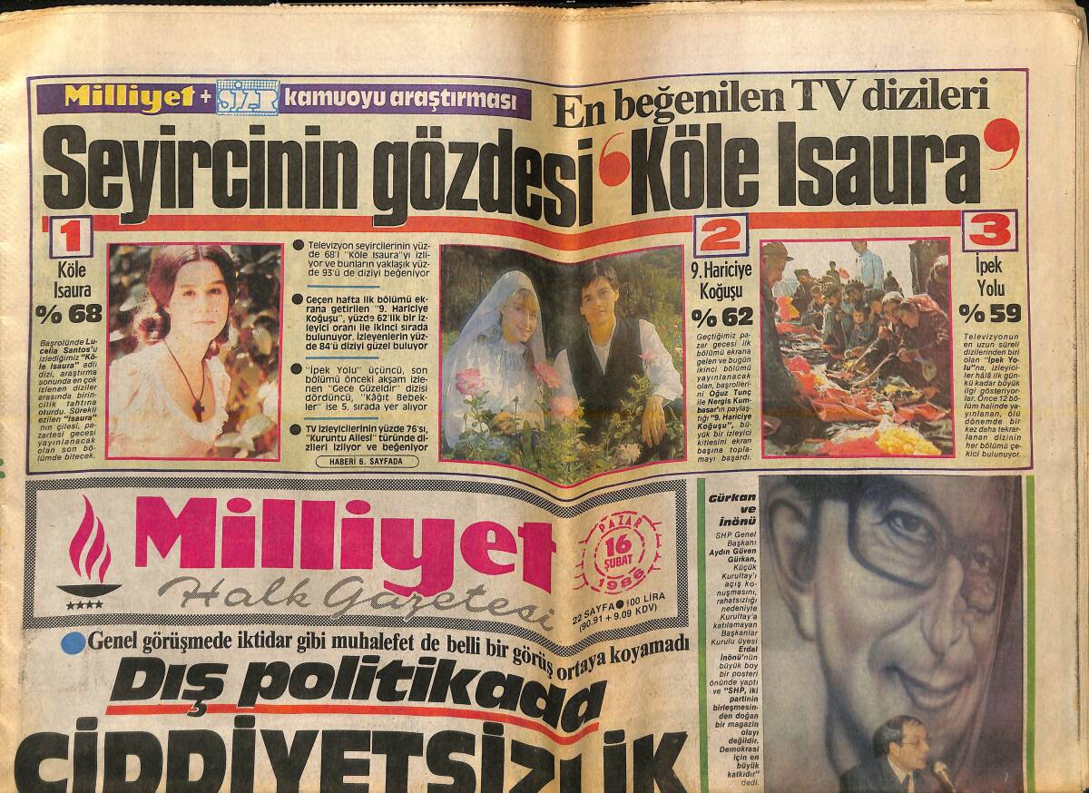 Milliyet Halk Gazetesi 16 Şubat 1986 - Özal: Beşiktaş Şampiyonluğa Layık Takım - Seyircinin Gözdesi Köle Isaura GZ155797 - 1