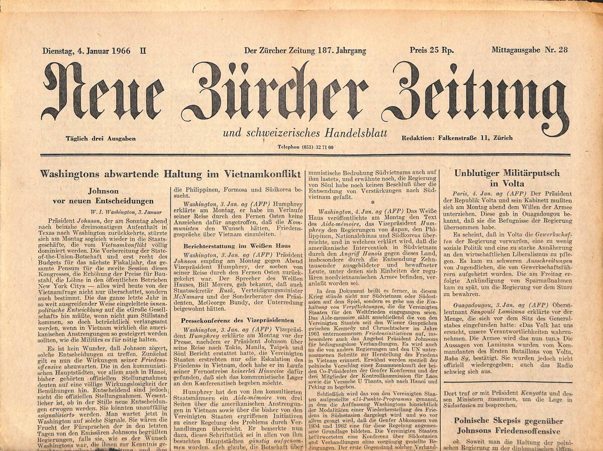 Neue Bürcher Beitung 4 Januar 1966 - Washingtons Abwartende Haltung İm Vietnamkonflikt GZ141661 - 1