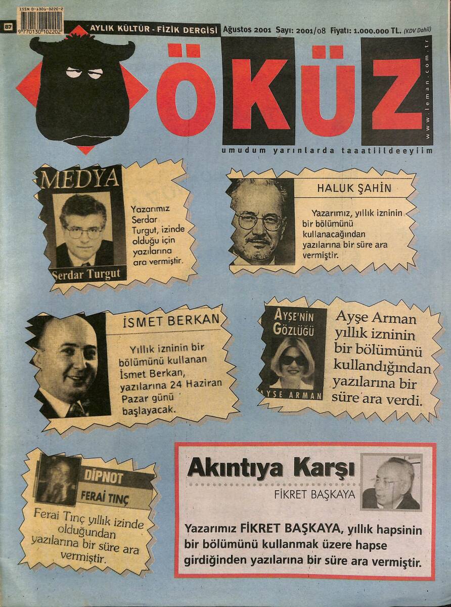 Öküz Aylık Kültür-Fizik Dergisi Ağustos 2001 Sayı : 8 NDR89591 - 1