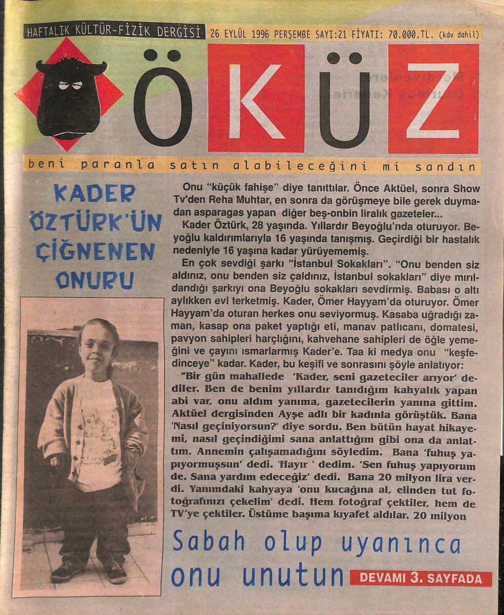 Öküz Haftalık Kültür-Fizik Dergisi 26 Eylül 1996 Sayı : 21 NDR89581 - 1