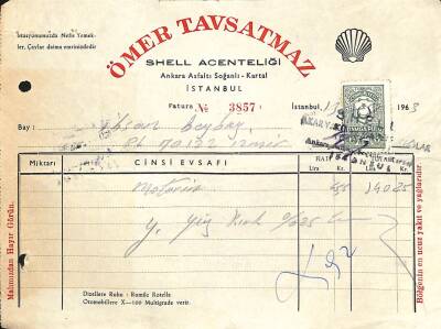 Ömer Tavsatmaz Shell Acenteliği İstanbul Damga Pullu Fatura 1963 EFM(N)10866 - 1