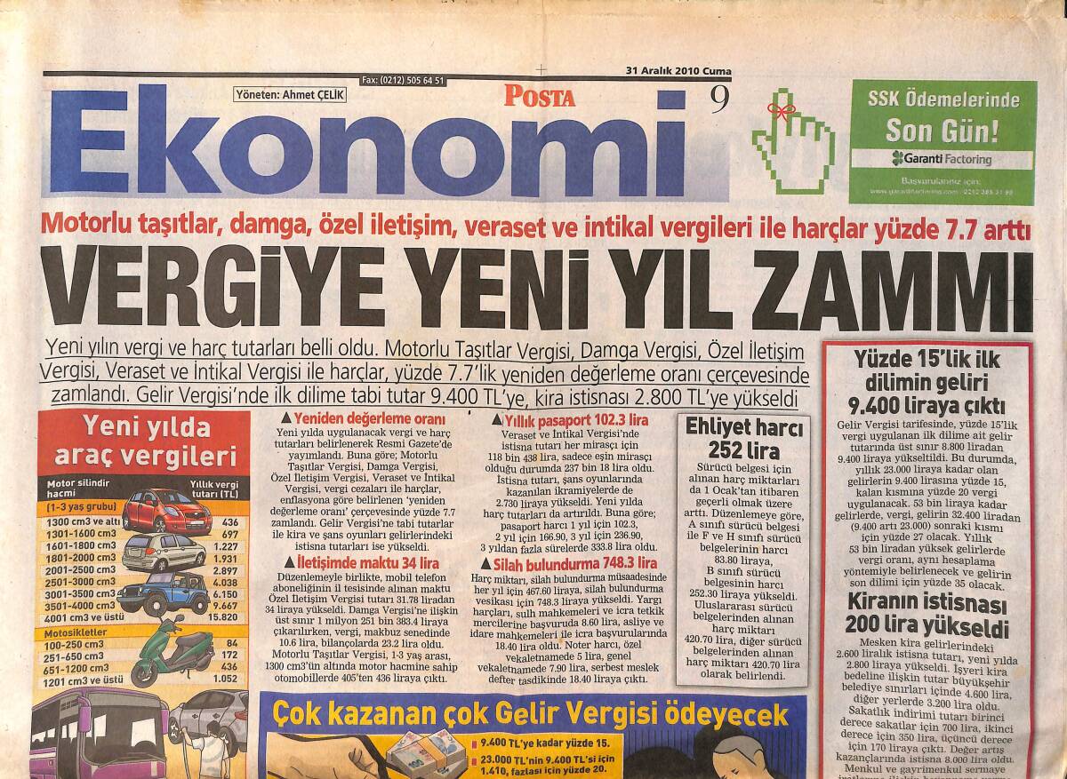 Posta Gazetesi Ekonomi Eki 31 Aralık 2010 - Motorlu Taşıtlar , Damga , Özel İletişim , Veraset Ve İntikal Vergileri İle Harçlar %7.7 Arttı GZ155786 - 1