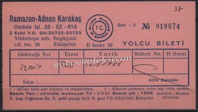 Ramazan-Adnan Karakaş 1986 Yılı Eskişehir Yolcu Bileti PYB2884 - 1