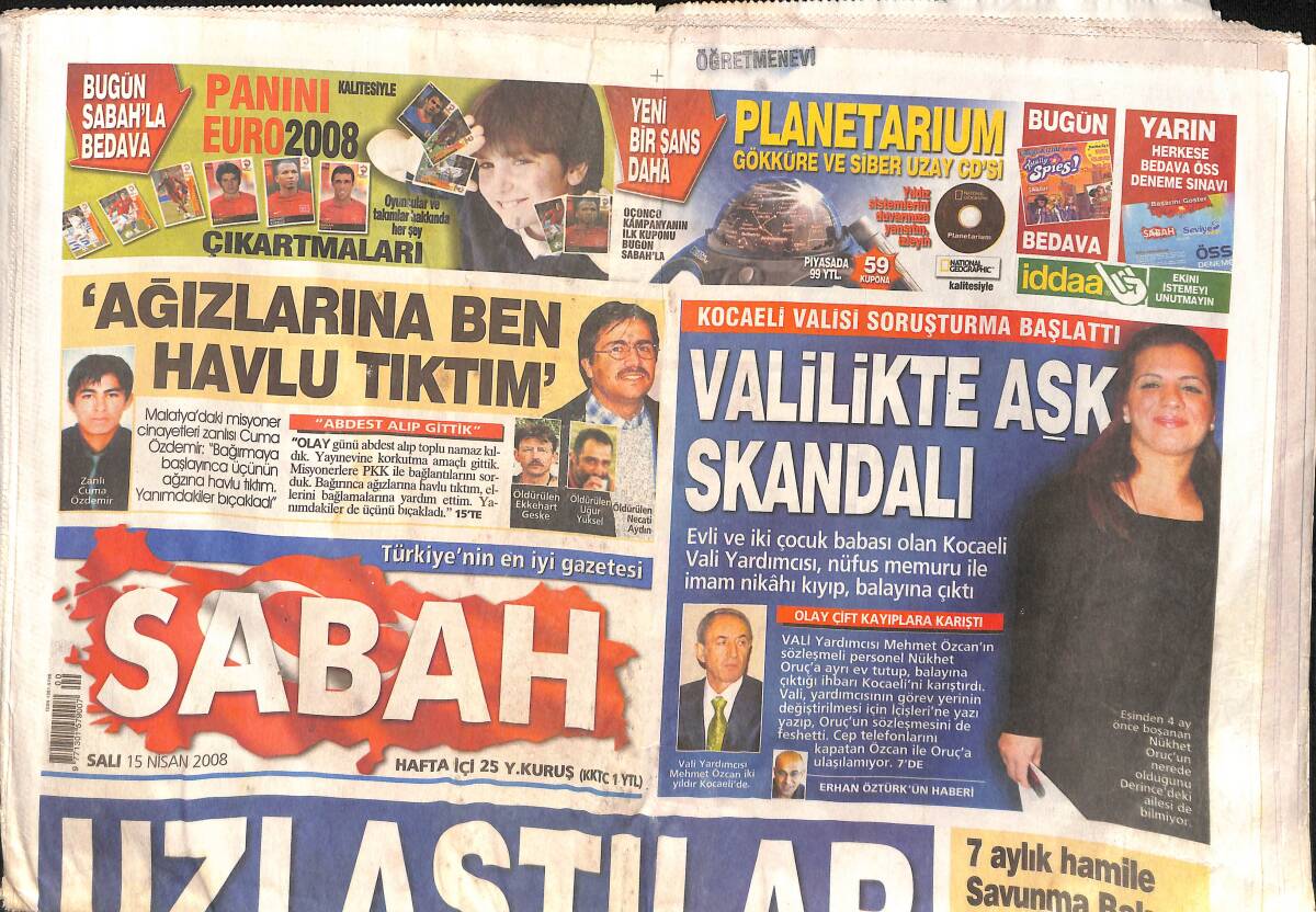 Sabah Gazetesi 15 Nisan 2008 - Valilikte Aşk Skandalı - 301 İçin AKP'de İki Ayrı Ses - Alkollü Sürücü Ceza Almadı GZ154465 - 1