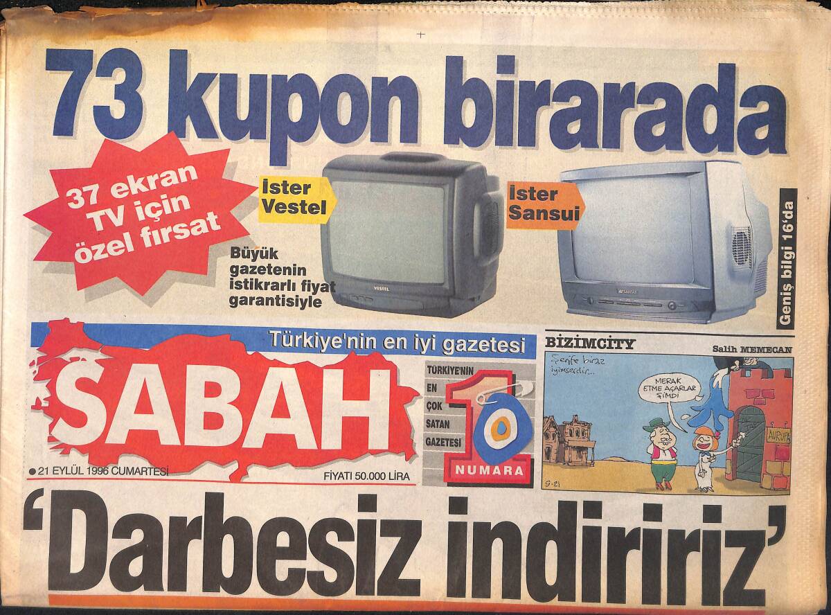 Sabah Gazetesi 21 Eylül 1996 - Türkân Şoray Podyuma Çıktı - Erbakan Saddam'a Cesaret Verdi GZ155507 - 1