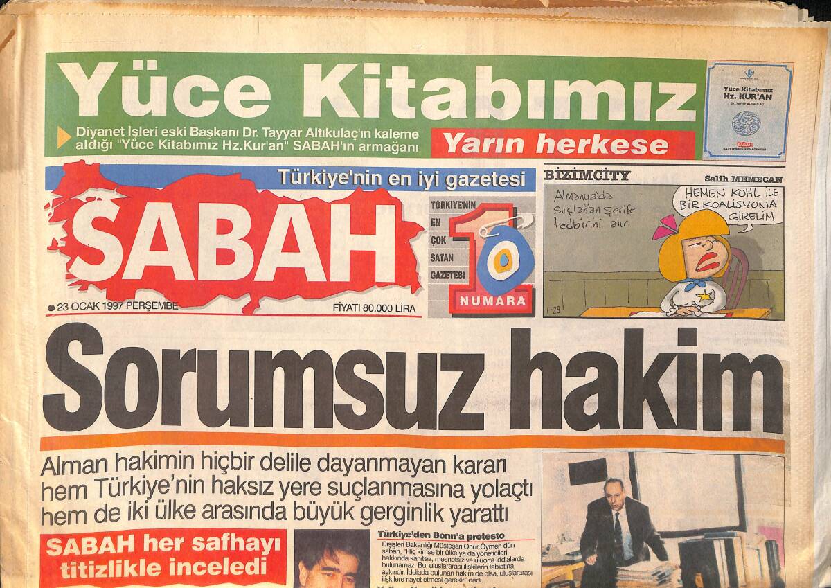 Sabah Gazetesi 23 Ocak 1997 - Tansu Çiller'i Rahatlatacak Alman Belgesi - Harika Avcı , Kardeşi İçin İfade Verdi GZ155503 - 1