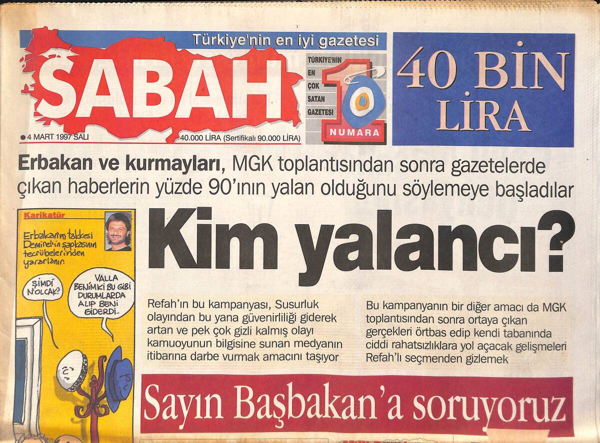 Sabah Gazetesi 4 Mart 1997 - Erbakan'ın Sertlik Turları - Cindy Evleniyor - Cim-Bom'da Ceza Tartışması GZ155508 - 1