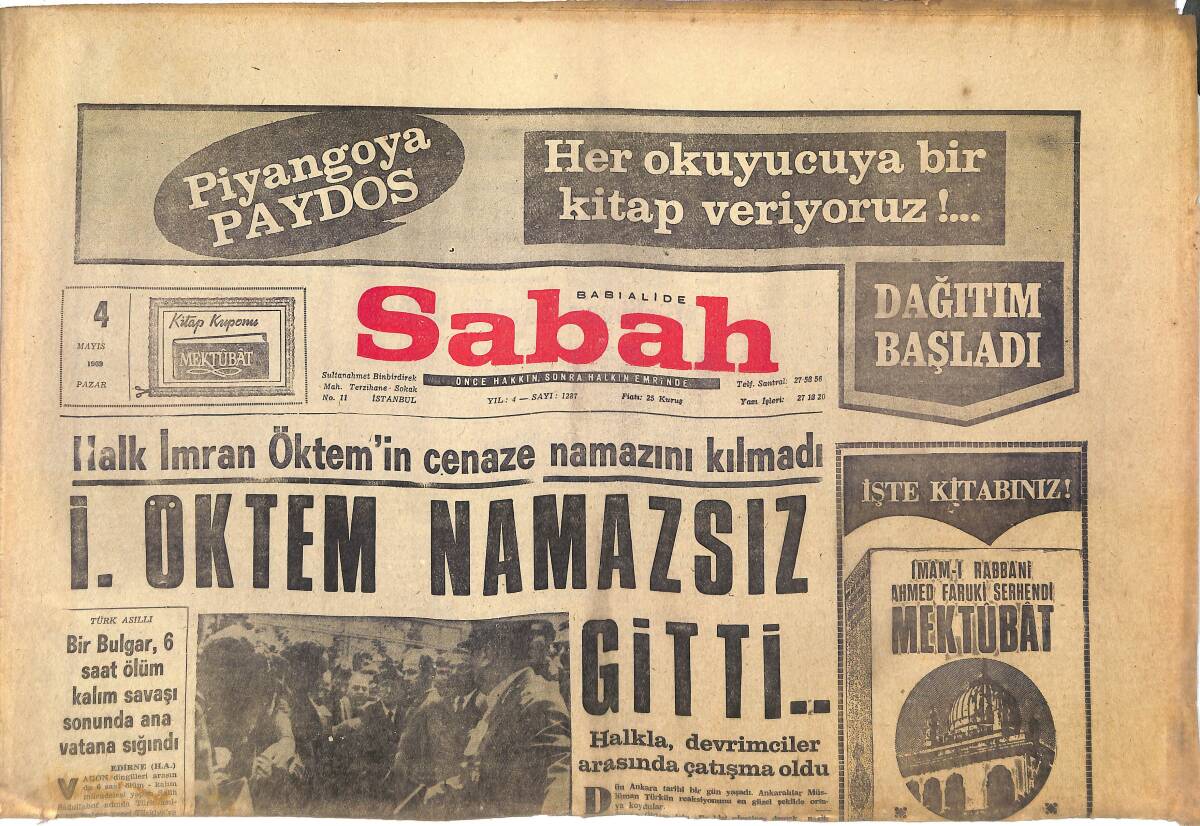 Sabah Gazetesi 4 Mayıs 1969 - İmran Öktem Namazsız Gitti... - Hindistan Cumhurreisi Zaakir Hüseyin Vefat Etti! GZ145215 - 1