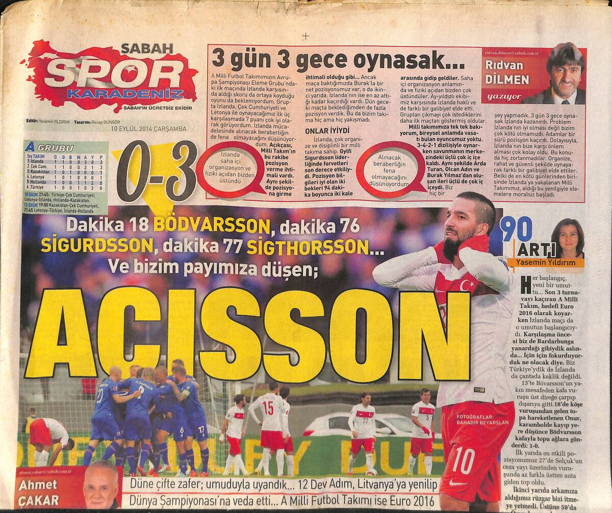 Sabah Gazetesi Spor Eki 10 Eylül 2014 - Fatih Terim: Mağlubiyeti Hak Ettik - Rizespor'da Lualua Yok GZ153804 - 1