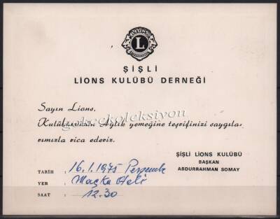 Şişli Lions Kulübü Derneği 1975 Yılı Aylık Yemek Davetiyesi EFM275 - 1