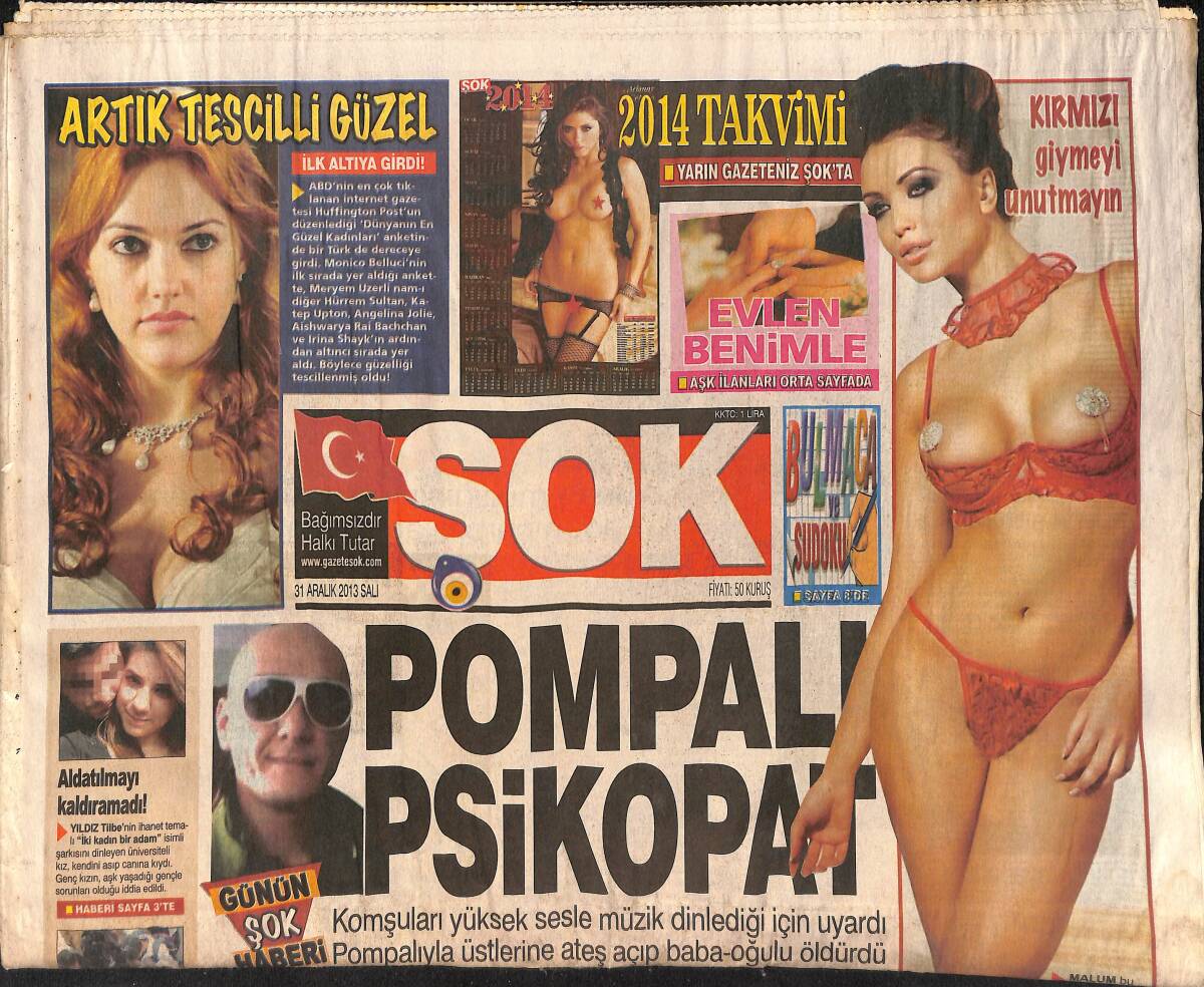 Şok Gazetesi 31 Aralık 2013 - Sinem Kobal, Arda Turan'a: Bir Daha Adımı Ağzına Alma - Fedon: Tarkan'ın Ayağını Öperim GZ154832 - 1