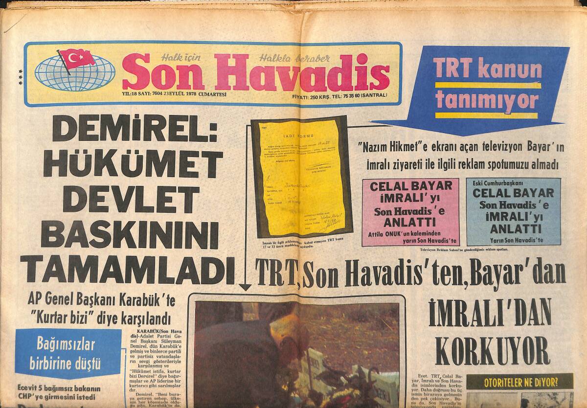 Son Havadis Gazetesi 23 Eylül 1978 - Bayar, İmralı'yı Anlatıyor - Hamiyet Yüceses Radyo Mikrofonu İle Barıştı GZ153787 - 1