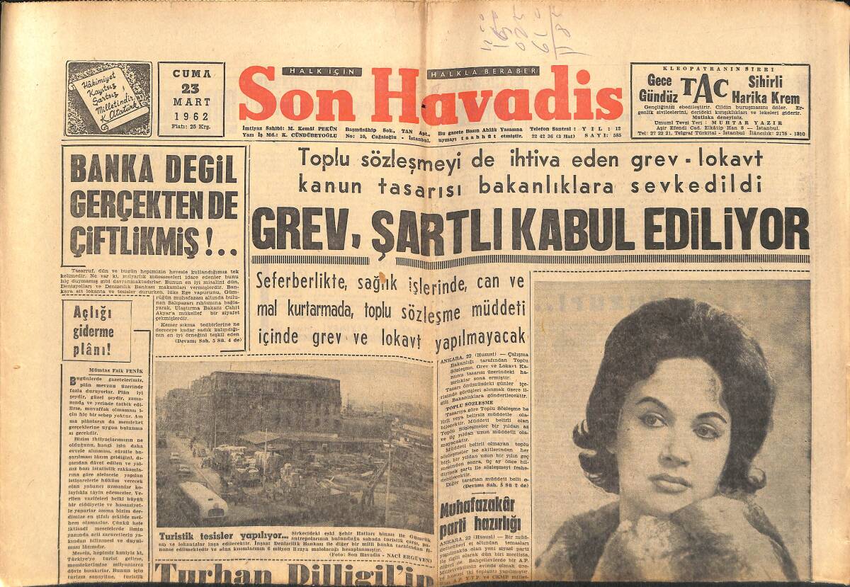 Son Havadis Gazetesi 23 Mart 1962 Suzan Sözen in Bilinmeyen Tarafları Başkan Kennedy nin