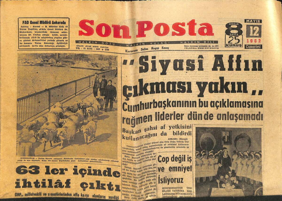 Son Posta Gazetesi 12 Mayıs 1962 - Kayseri Cezaevinde Bayram Hazırlığı - 63′ler İçinde İhtilaf Çıktı GZ149941 - 1