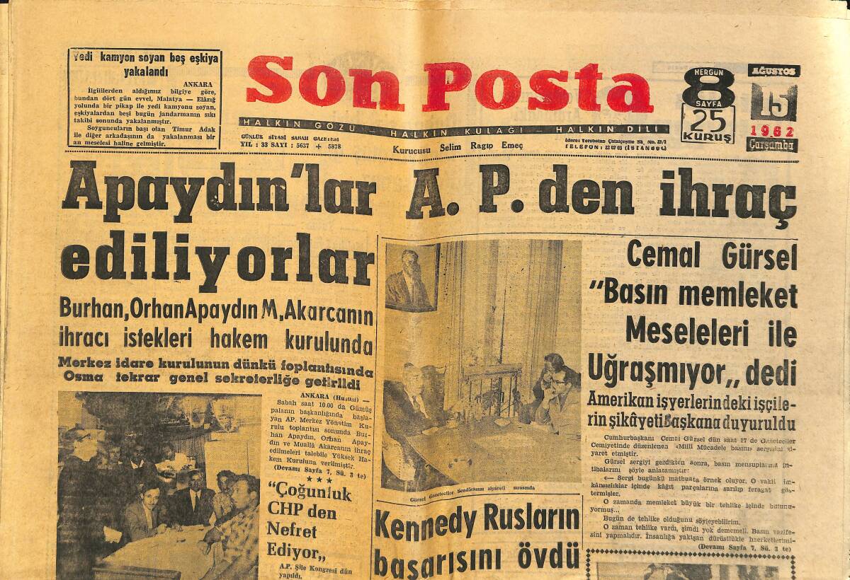 Son Posta Gazetesi 15 Ağustos 1962 - Kennedy Rusların Başarısını Övdü - Galatasaray-Rapid Bugün Oynuyor GZ149943 - 1