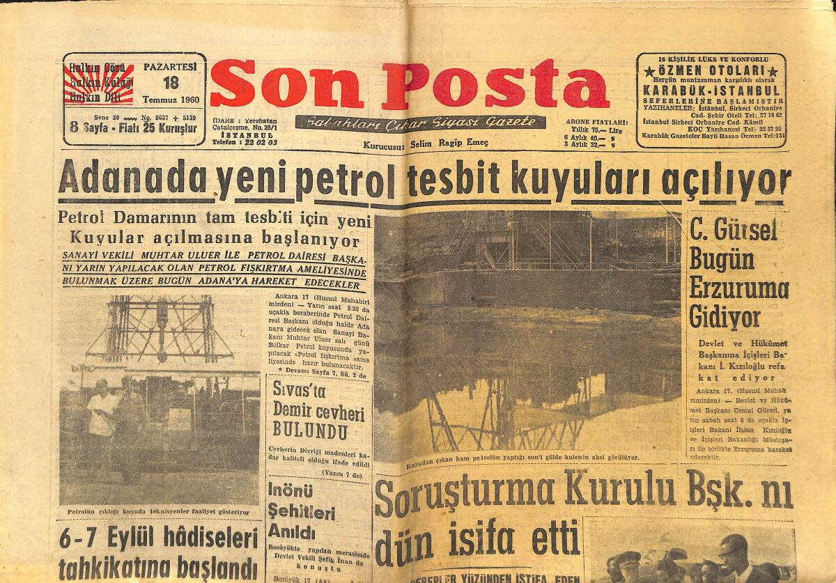 Son Posta Gazetesi 18 Temmuz 1960 - Adana′da Yeni Petrol Tesbit Kuyuları Açılıyor - Polonya Kongoya Silah Yolluyor GZ149940 - 1