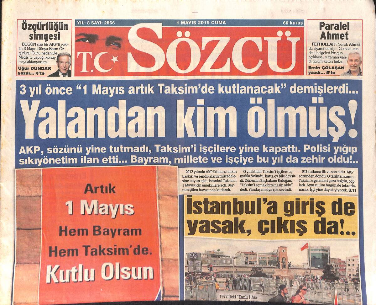 Sözcü Gazetesi 1 Mayıs 2015 - Kupa'ya Aslan Pençesi - Atatürk'e Hakaretin Ödülü GZ154993 - 1