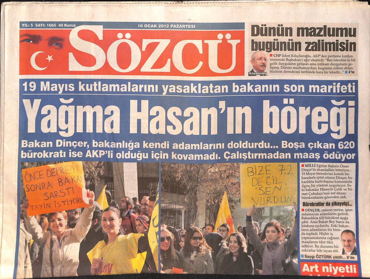 Sözcü Gazetesi 16 Ocak 2012 - Fenerbahçeliler De Erdoğan'a Öfkelendi - Ahu Yağtu Cem Yılmaz'ın Evine Yerleşti GZ154991 - 1