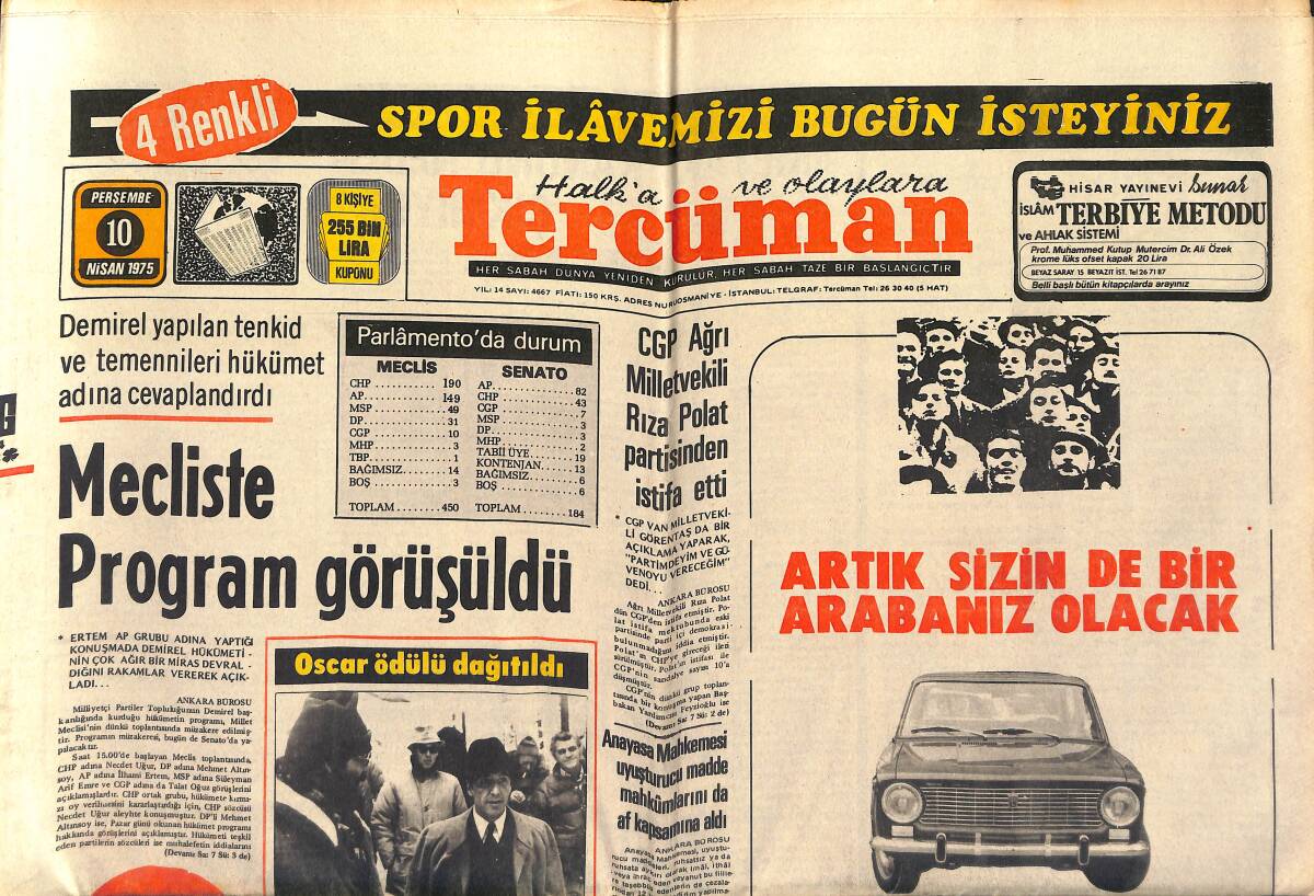 Tercüman Gazetesi 10 Nisan 1975 - Beşiktaş Finalde - Oscar Ödülleri Dağıtıldı GZ153467 - 1