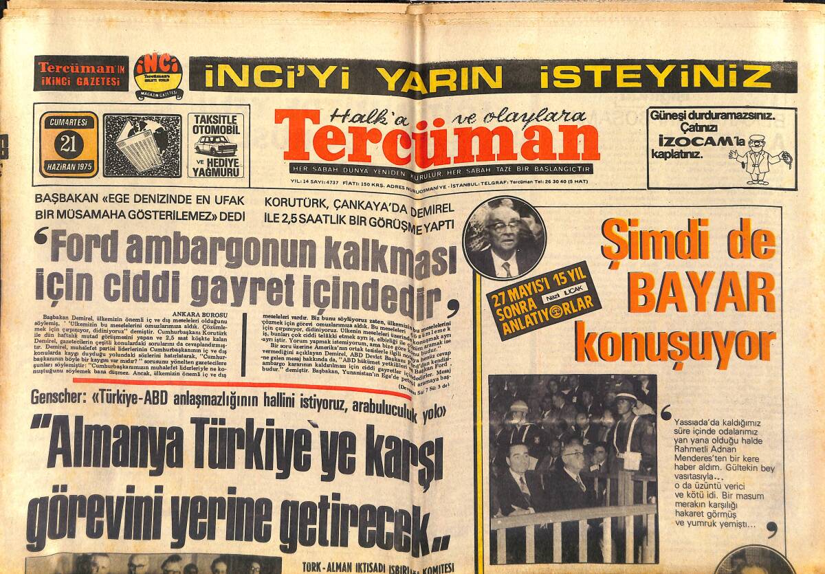 Tercüman Gazetesi 21 Haziran 1975 - Haliç, Marmara Ve Ege İçin Tehlike Oldu - Ege Hava Sahası İçin Anlaşmaya Varıldı GZ153468 - 1