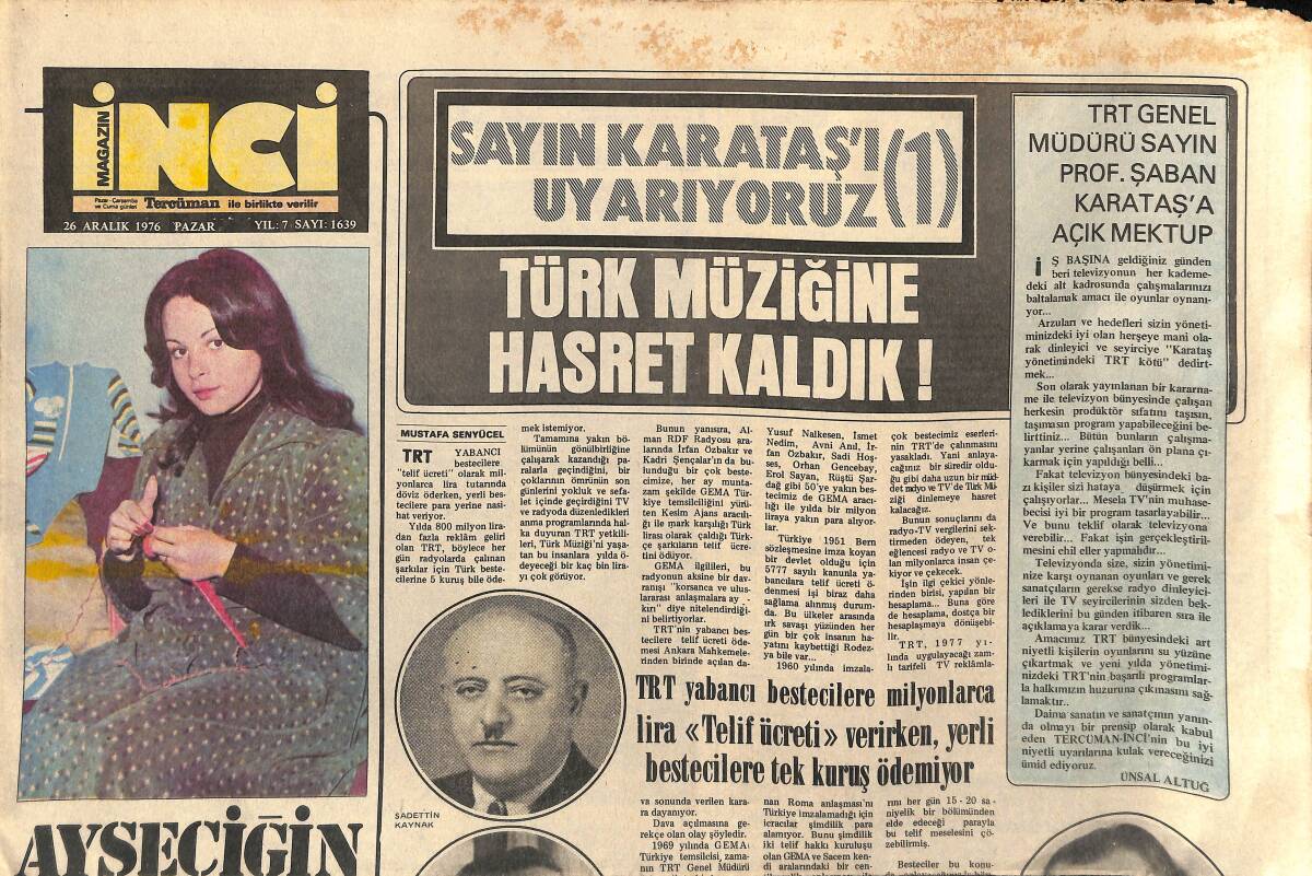 Tercüman Gazetesi İnci Eki 26 Aralık 1976 - Ayşeciğin Dramı - TRT Yerli Bestecilere Tek Kuruş Ödemiyor GZ155827 - 1