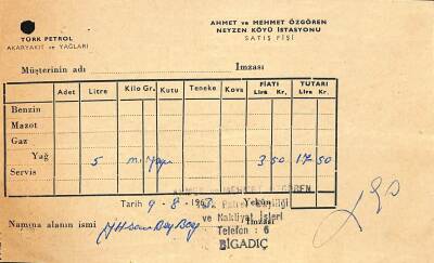 Türk Petrol Akaryakıt Ve Yağları Ahmet Ve Mehmet Özgören Neyzen Köyü İstasyonu Satış Fişi EFM(N)10865 - 1