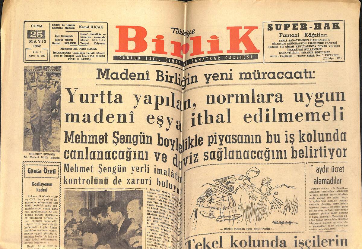 Türkiye Birlik Gazetesi 25 Mayıs 1962 - Cannes'da Büyük Şöhretler - Madeni Birliğin Yeni Müracaatı GZ154096 - 1