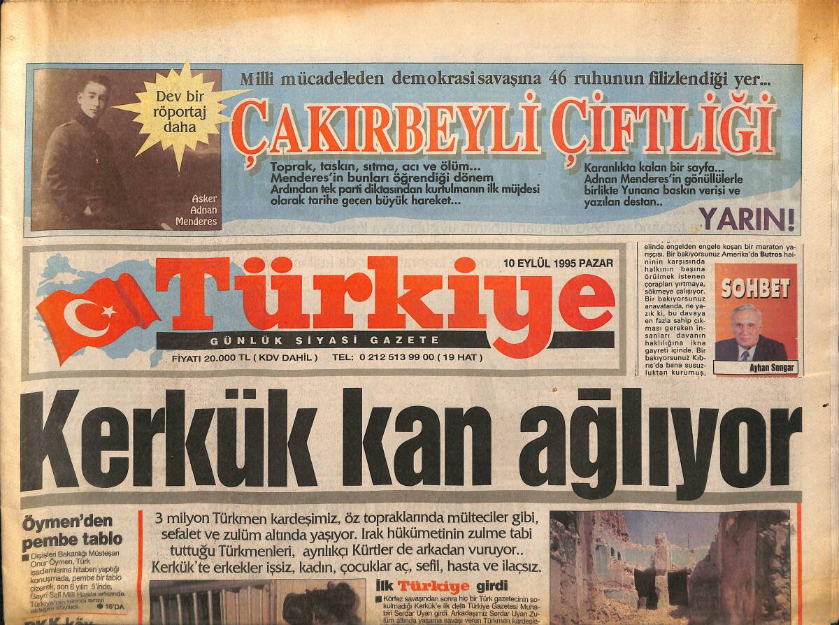 Türkiye Gazetesi 10 Eylül 1995 - Kerkük Kan Ağlıyor - Cimbom'a Bomba Düştü GZ155556 - 1