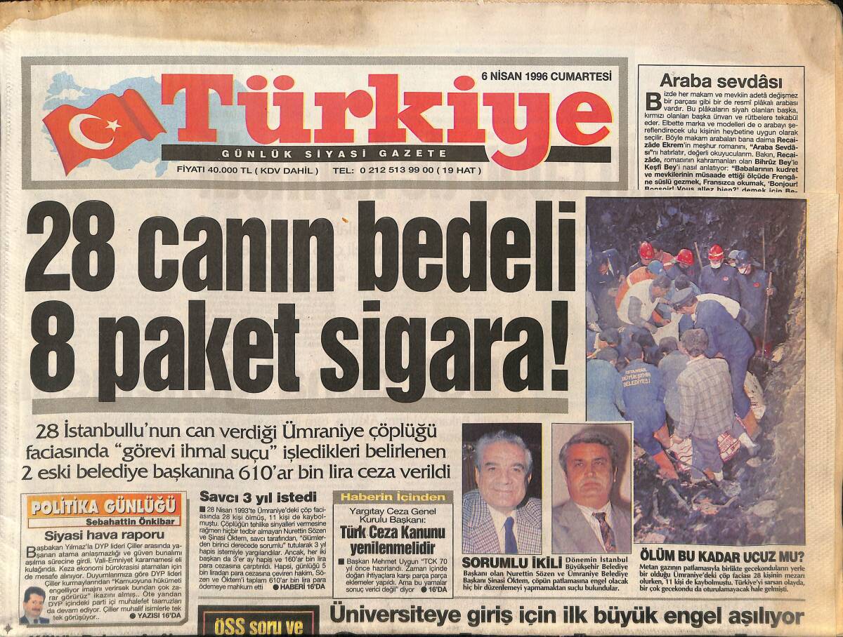 Türkiye Gazetesi 6 Nisan 1996 - Ege'de İsyan - Şampiyon Türkiye - Menderes'e Doktor Ordusu GZ155560 - 1