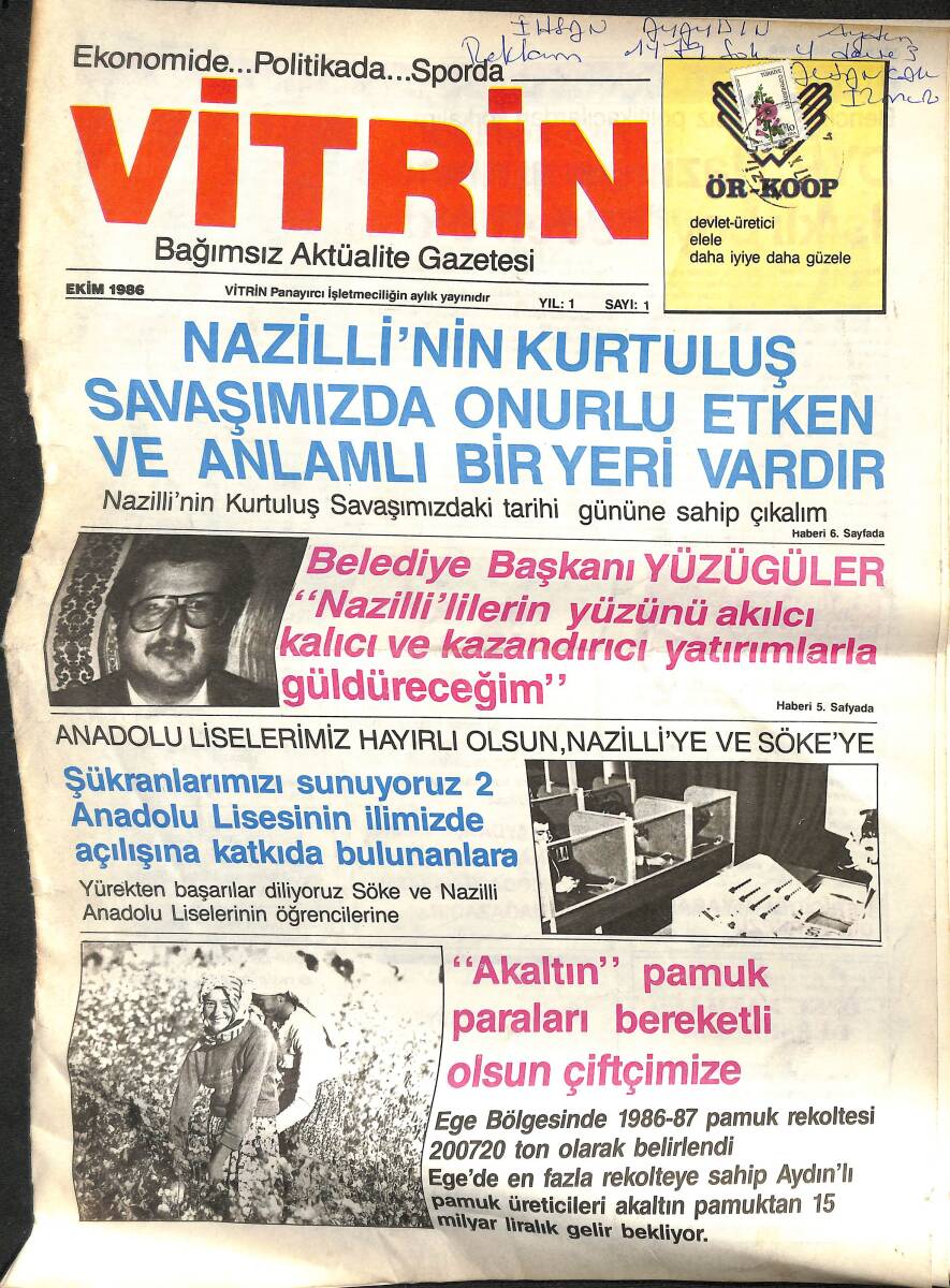 Vitrin Gazetesi Ekim 1986 - Nazilli'nin Kurtuluş Savaşımızda Onurlu Etken Ve Anlamlı Bir Yeri Vardır - Yeni Nazillispor GZ153707 - 1