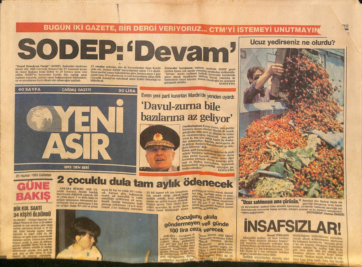 Yeni Asır Gazetesi 25 Haziran 1983 - Pazarcılar; Ucuz Satılmasın Ama Çürüsün Kafasında - Yasser Arafat Suriye'den Kovuldu - Eurovision'a Katılıyoruz GZ132437 - 1