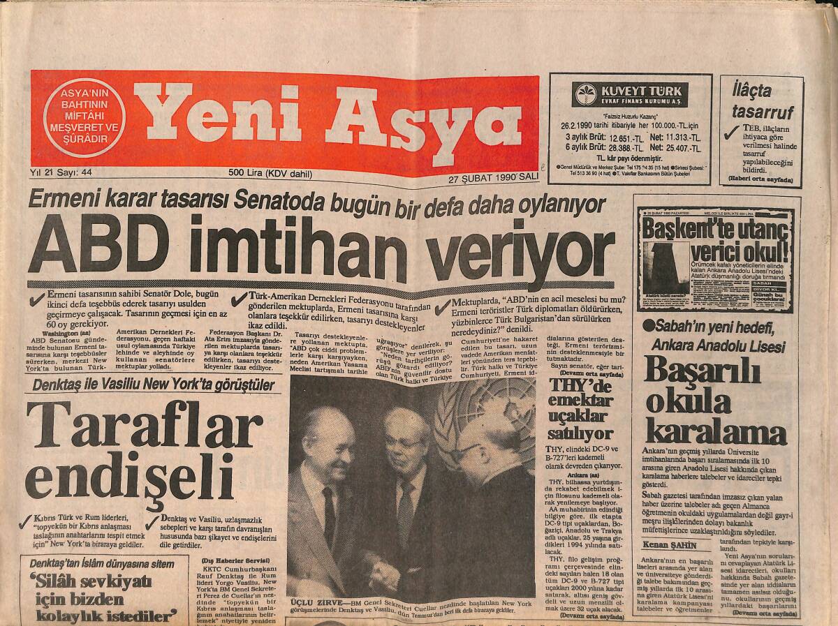 Yeni Asya Gazetesi 27 Şubat 1990 - ABD İmtihan Veriyor - Sabah'ın Yeni Hedefi, Ankara Anadolu Lisesi GZ155851 - 1