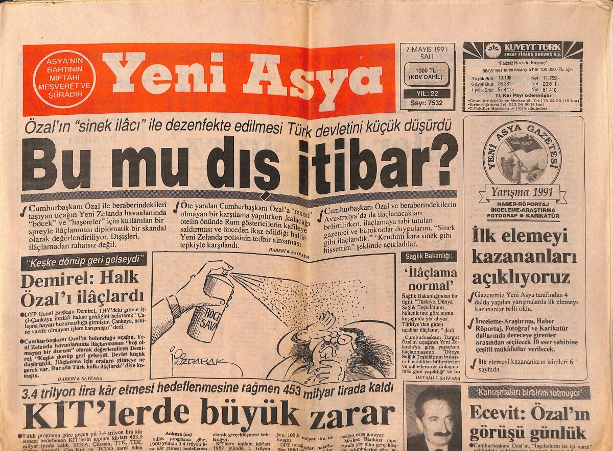 Yeni Asya Gazetesi 7 Mayıs 1991 - İnönü'den Sert Çıkış: Ecevit Başka Partilere Karışamaz - İstanbul Havadan İlaçlandı GZ153314 - 1