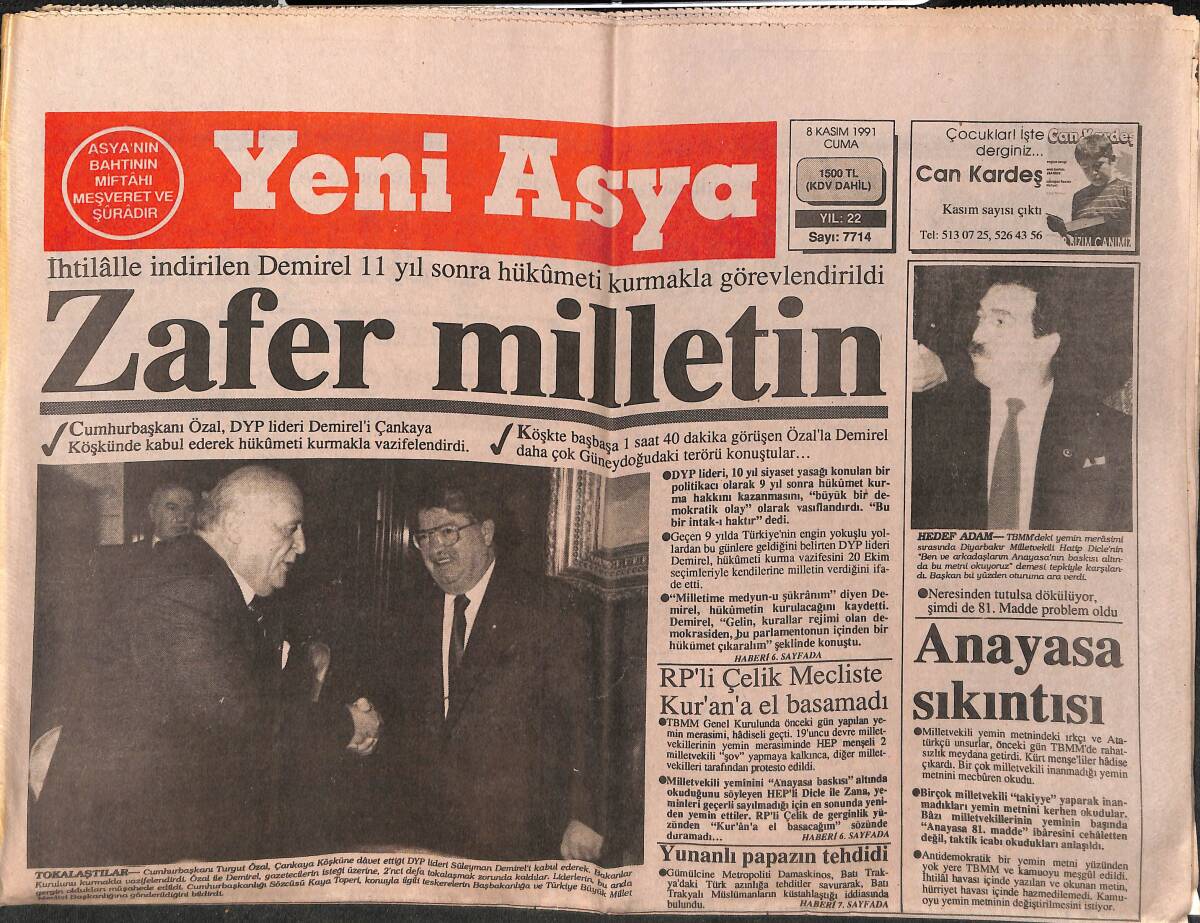 Yeni Asya Gazetesi 8 Kasım 1991 - NATO Zirvesi Roma'da Başladı - Yunanlı Papazın Tehdidi GZ153313 - 1