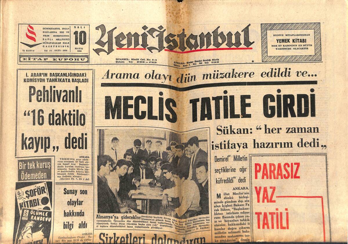 Yeni İstanbul Gazetesi 10 Mayıs 1966 - Bayar , Dün Muayene Oldu - Meclis Tatile Girdi GZ150881 - 1