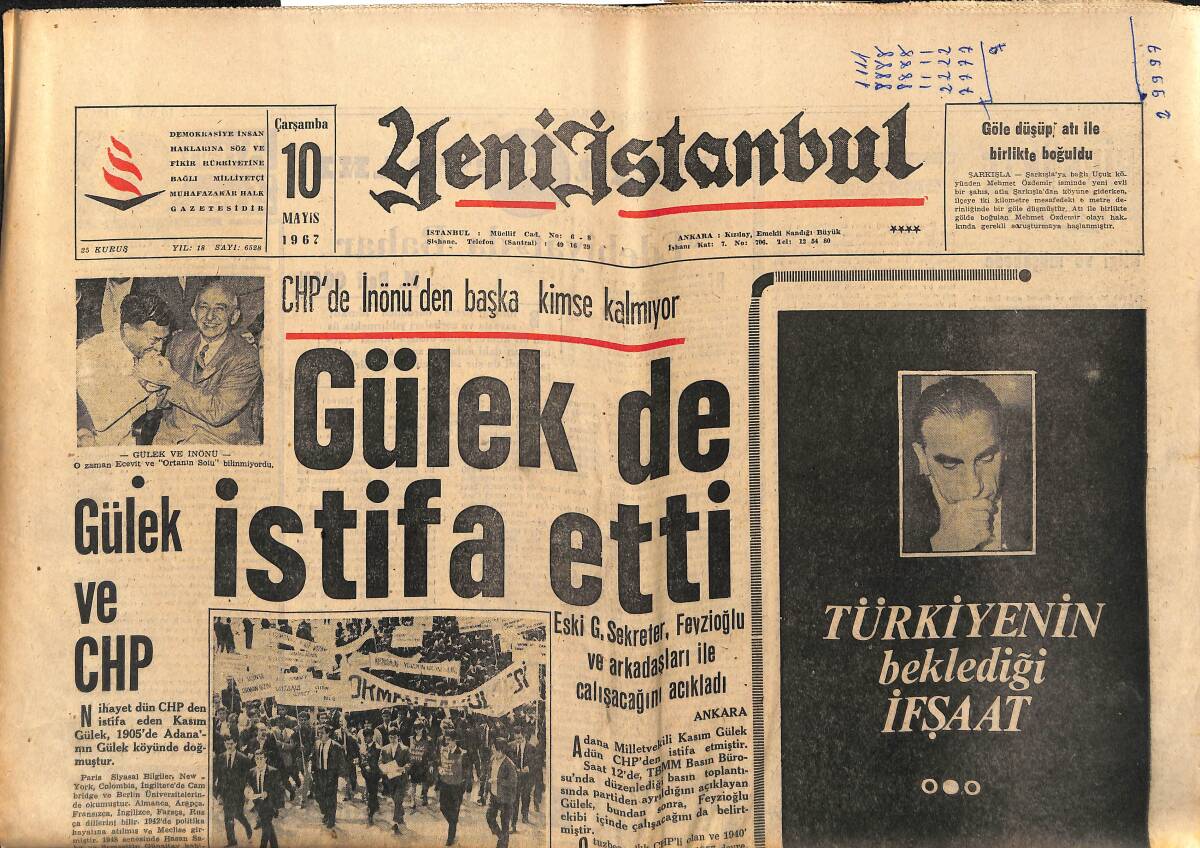 Yeni İstanbul Gazetesi 10 Mayıs 1967 - Gülek de İstifa Etti - Papandreu Serbest Bırakıldı GZ150875 - 1