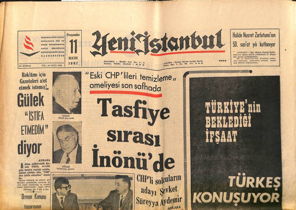 Yeni İstanbul Gazetesi 11 Mayıs 1967 - Trabzon CHP Teşkilatı Toptan İstifa Etti - Tasfiye Sırası İnönü'de GZ150876 - 1