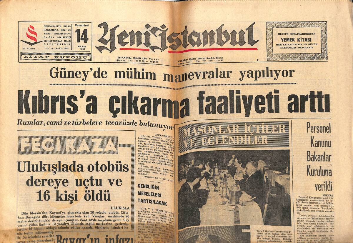 Yeni İstanbul Gazetesi 14 Mayıs 1966 - Kıbrıs'a Çıkarma Faaliyeti Arttı - Personel Kanunu Bakanlar Kuruluna Verildi GZ150880 - 1