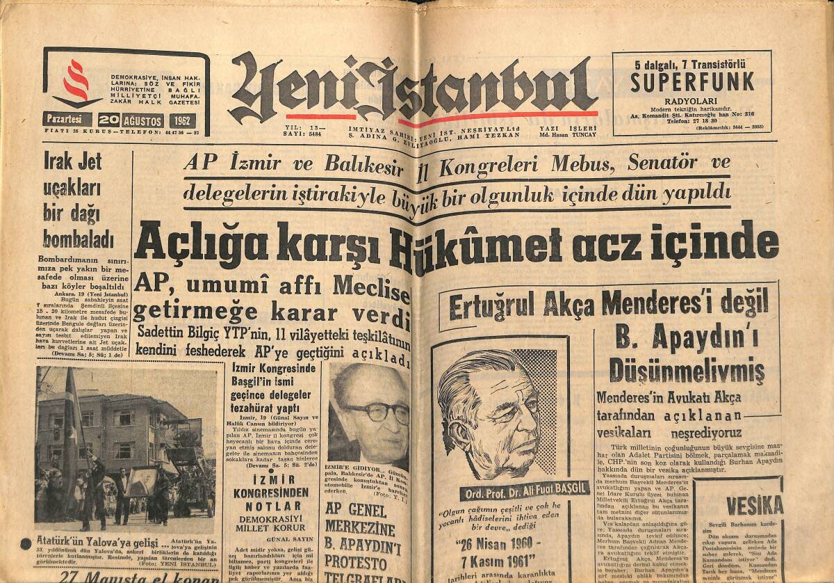 Yeni İstanbul Gazetesi 20 Ağustos 1962 - Bayar'ın Hatıraları Kayıp Mı Oldu - Galatasaray 4-2 Mağlup GZ155822 - 1