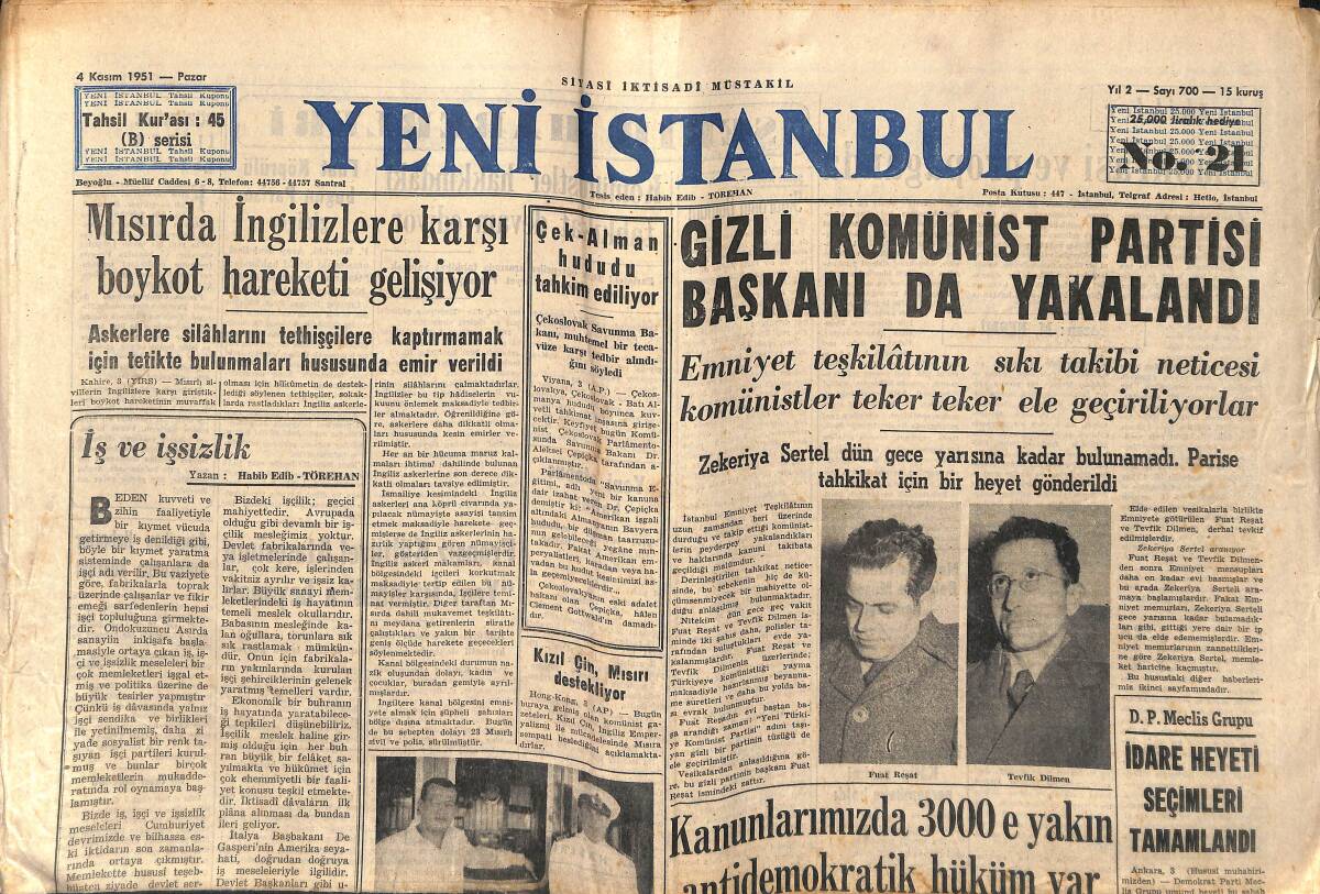 Yeni İstanbul Gazetesi 4 Kasım 1951 - Sinemanın Mucidi W. F. Greecein  Hayatına Ait Bir Film Çevrildi - Gizli Komünist Partisi Başkanı Da  Yakalandı ...