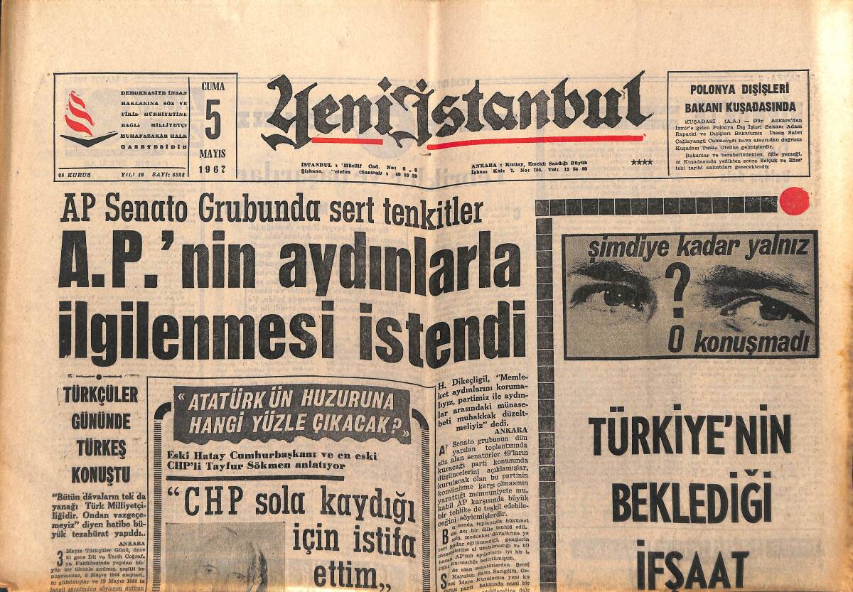 Yeni İstanbul Gazetesi 5 Mayıs 1967 - Kazım Alöç Hakkında İddialar İleri Sürüldü - Türkçüler Gününde Türkeş Konuştu GZ150870 - 1