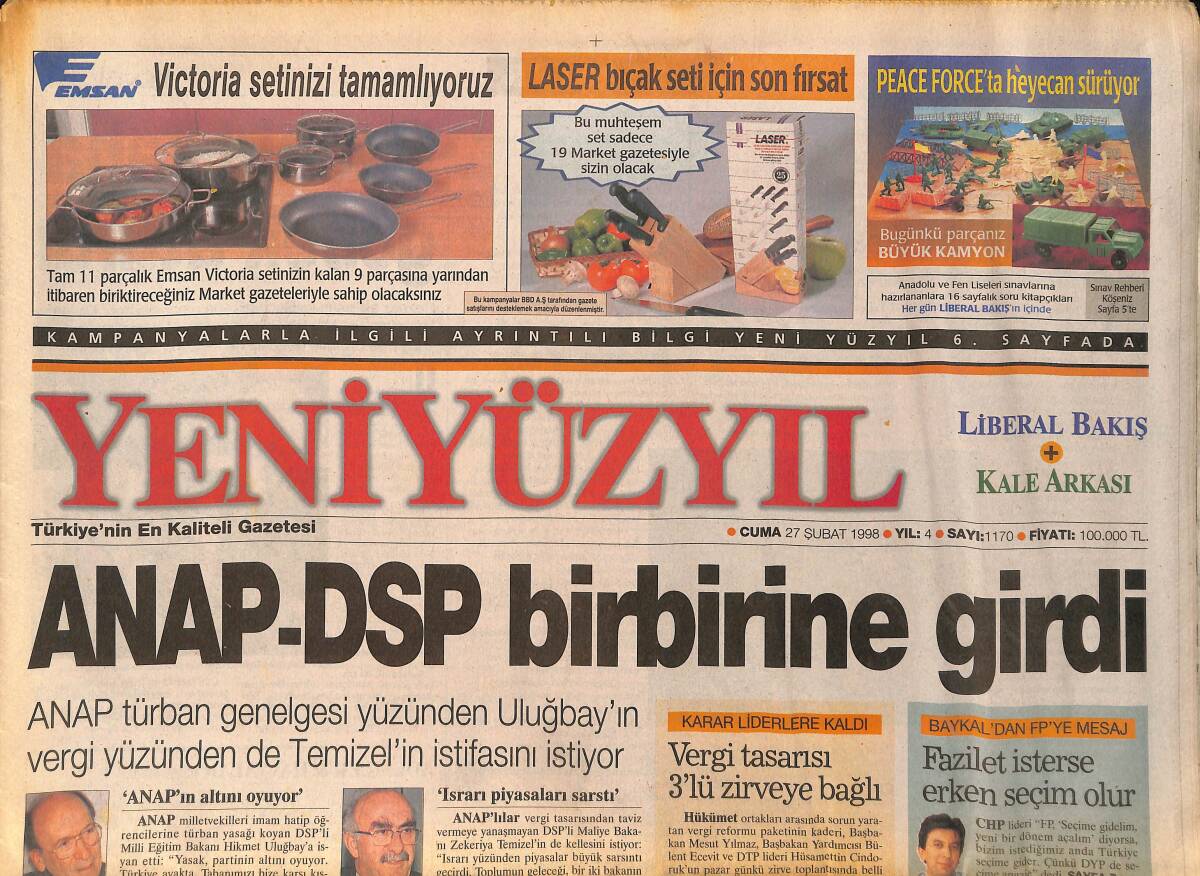 Yeni Yüzyıl Gazetesi 27 Şubat 1998 - ANAP-DSP Birbirine Girdi - 68 Ruhu Grammy İle Dirildi GZ155460 - 1