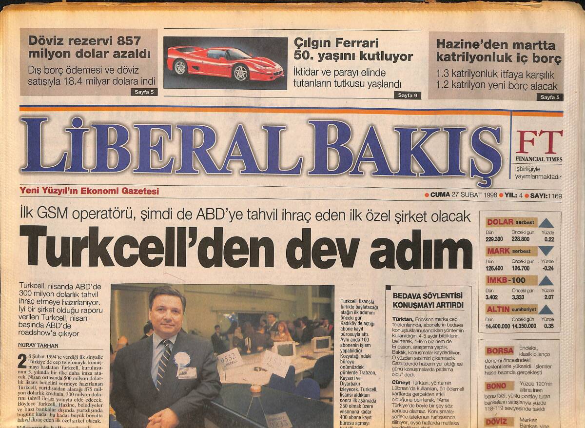 Yeni Yüzyıl Gazetesi Liberal Bakış Eki 27 Şubat 1998 - Çılgın Ferrari 50.Yaşını Kutluyor - Turkcell'den Dev Adım GZ155461 - 1